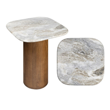 Milos 18" Rustic Minimalist Square Marble/Wood Accent Table